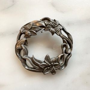 Vintage Floral Pewter Brooch Pin